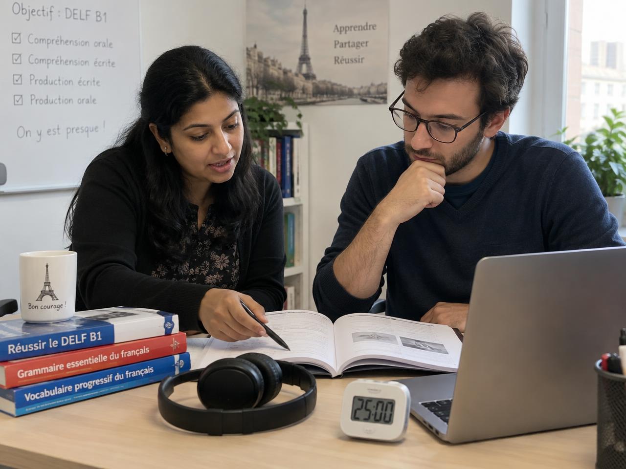 Savreet coaching a student one on one with an exam practice booklet