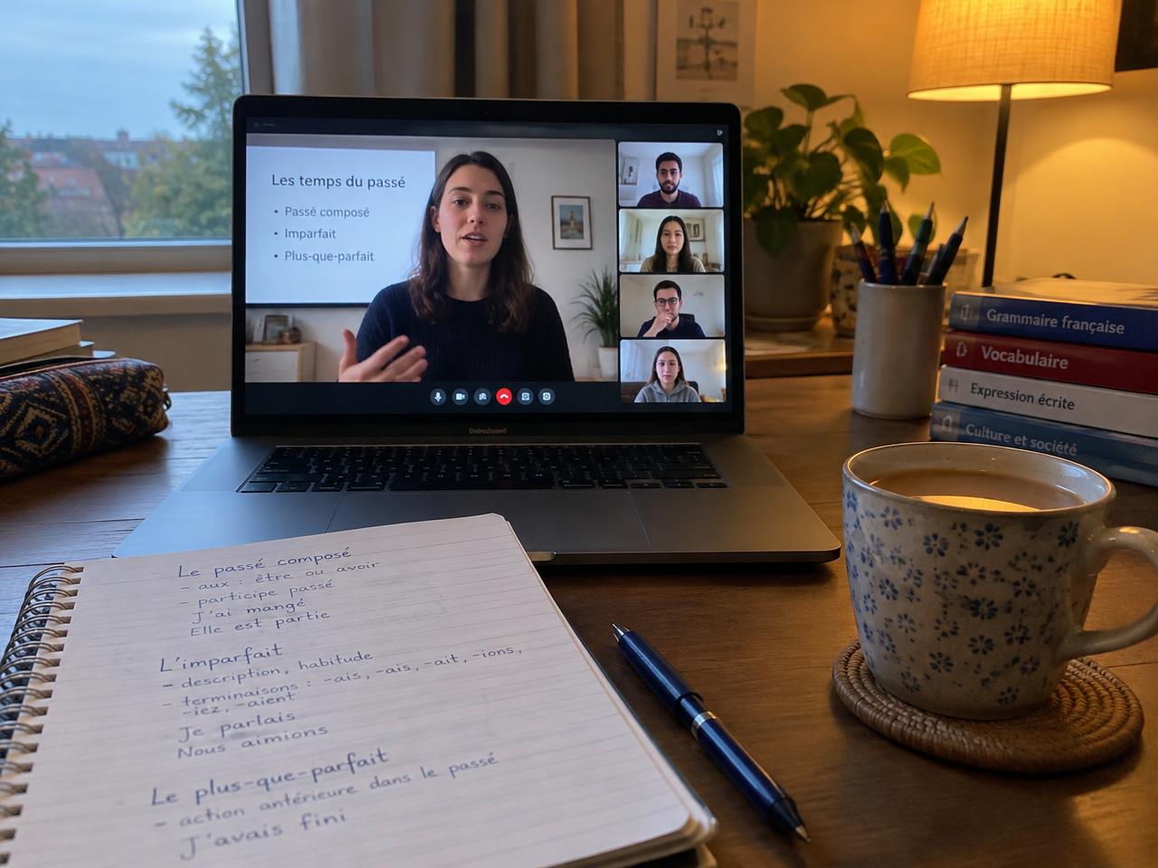 Laptop showing a live online French class beside handwritten grammar notes