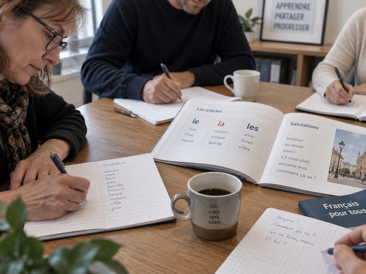Beginner learners writing French vocabulary in notebooks during a group class
