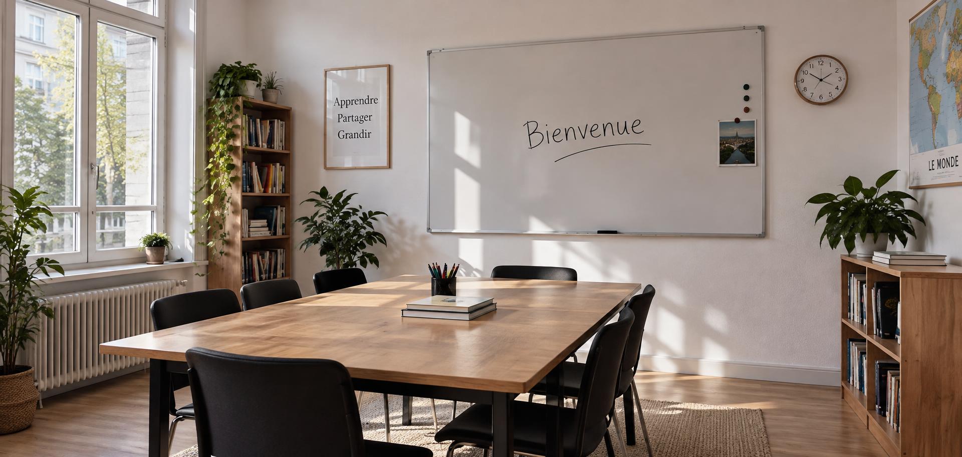 Bright French classroom with Bienvenue written on the whiteboard