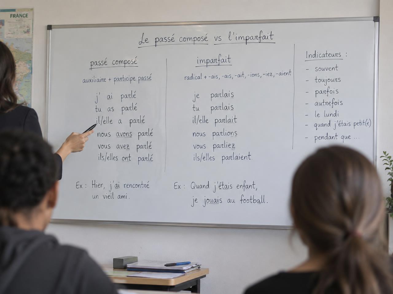 Teacher pointing to French past tense grammar on a whiteboard