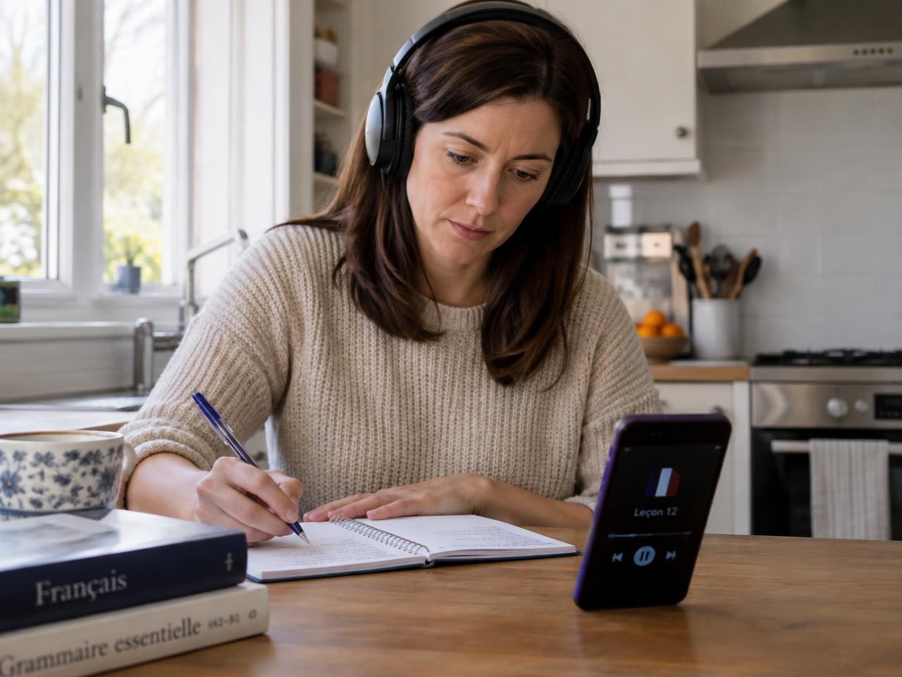 Learner with headphones reviewing a recorded French lesson and taking notes