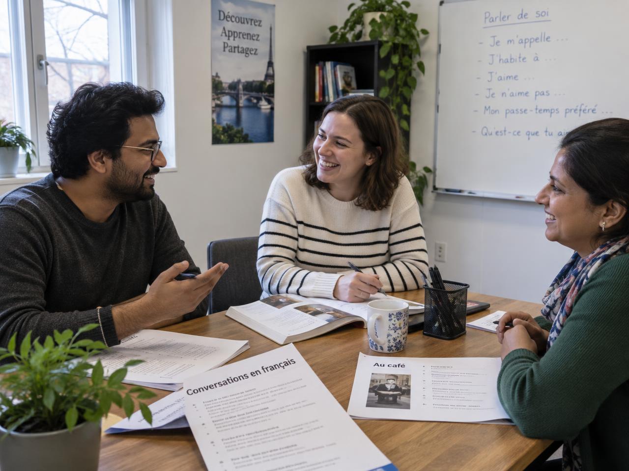 Small group of adult learners practicing French conversation at a table